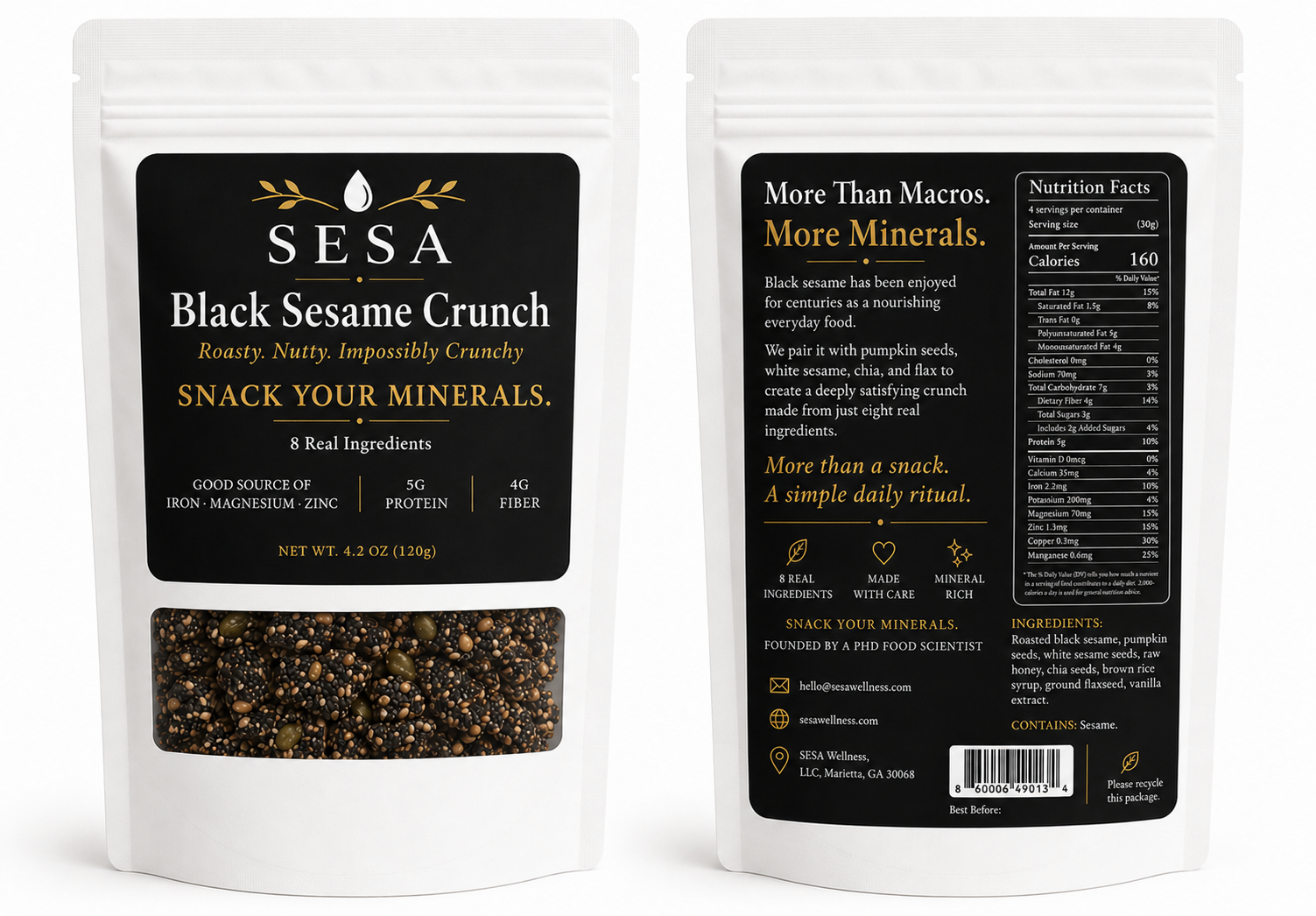 SESA Black Sesame Crunch nutrition label — 20% iron DV, 20% magnesium DV, 90% copper DV, 25% manganese DV per serving