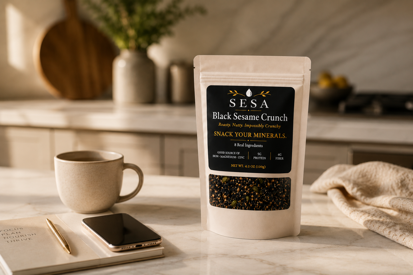 SESA Black Sesame Crunch — mineral-dense snack for women with iron, magnesium, zinc, copper and manganese